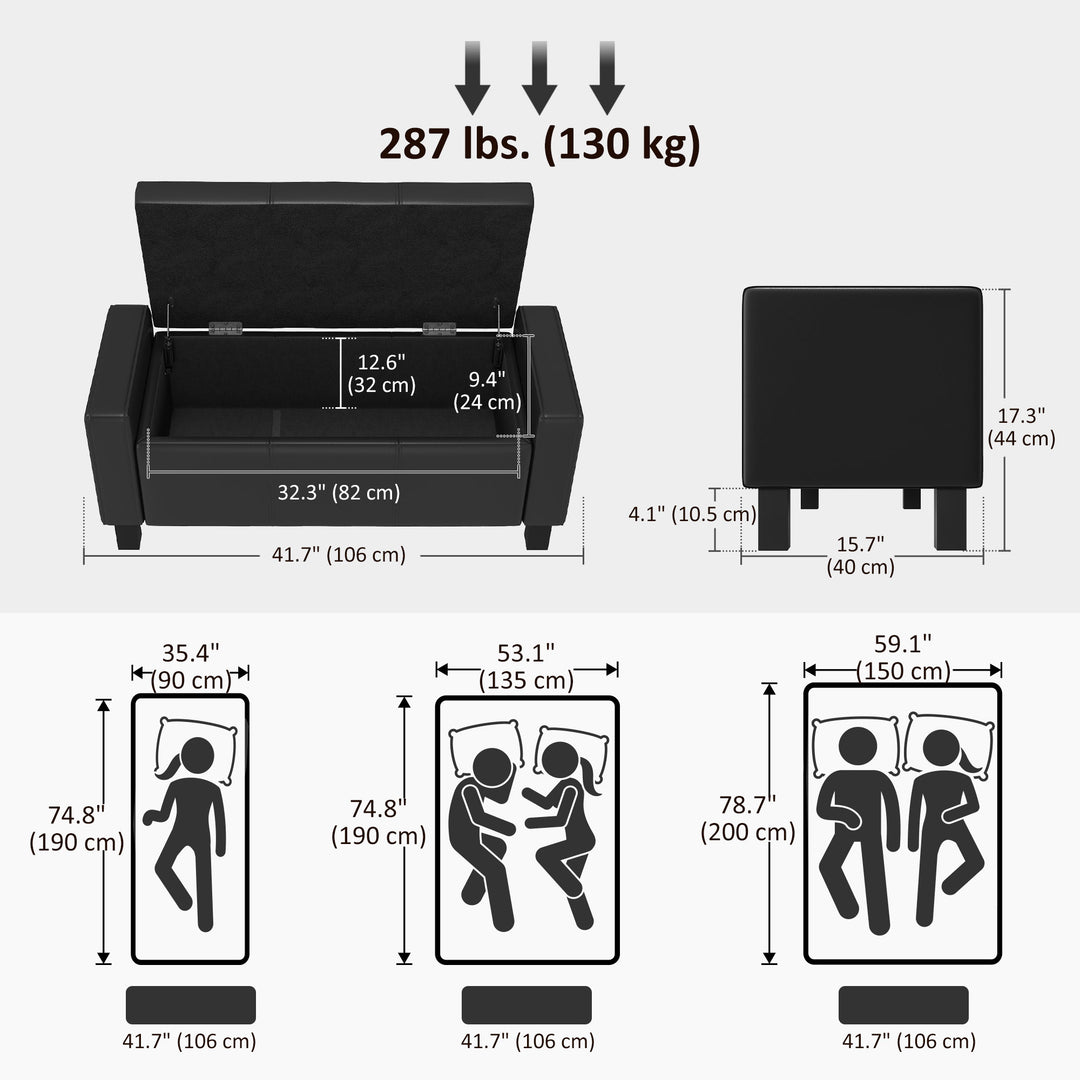 HOMCOM 42" Deluxe Faux Leather Padded Storage Ottoman Bench Foot Stool Seat Chair with Organizer, Black