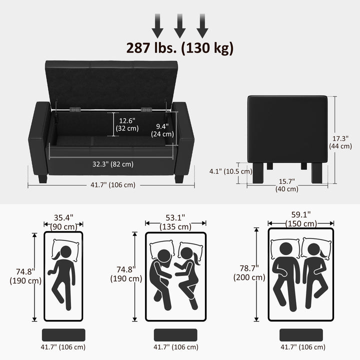HOMCOM 42" Deluxe Faux Leather Padded Storage Ottoman Bench Foot Stool Seat Chair with Organizer, Black