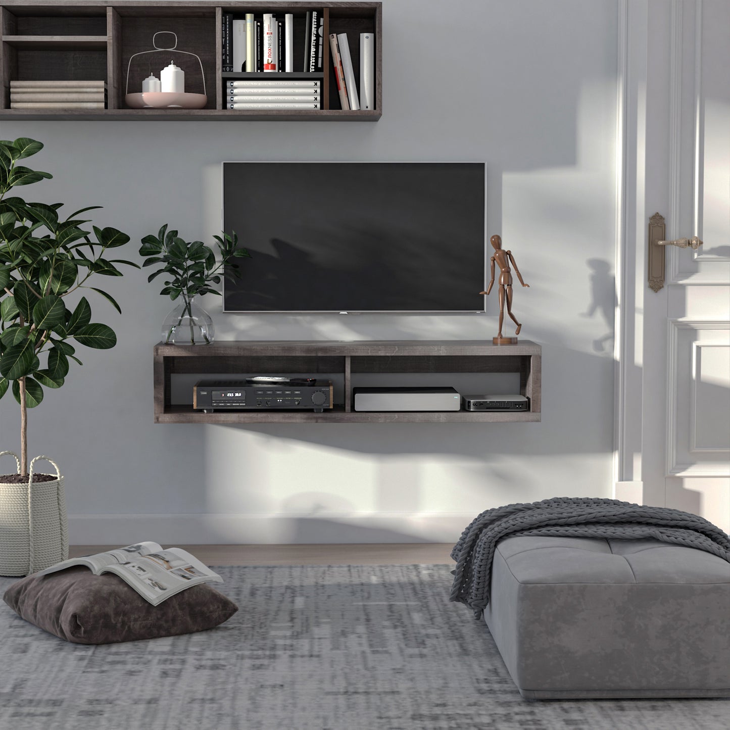 HOMCOM Floating TV Stand Shelf for 50" TVs, Wall Mounted Entertainment Center for Living Room, Bedroom, Media Console with Storage Shelf for Audio, Video, Dark Grey Wood Grain