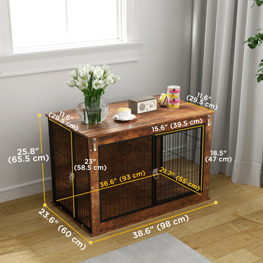 PawHut 39" Dog Crate Furniture w/ Flip-up Top Opening, 2 Doors, Dog Kennel Furniture for Large Dogs, Rustic Brown