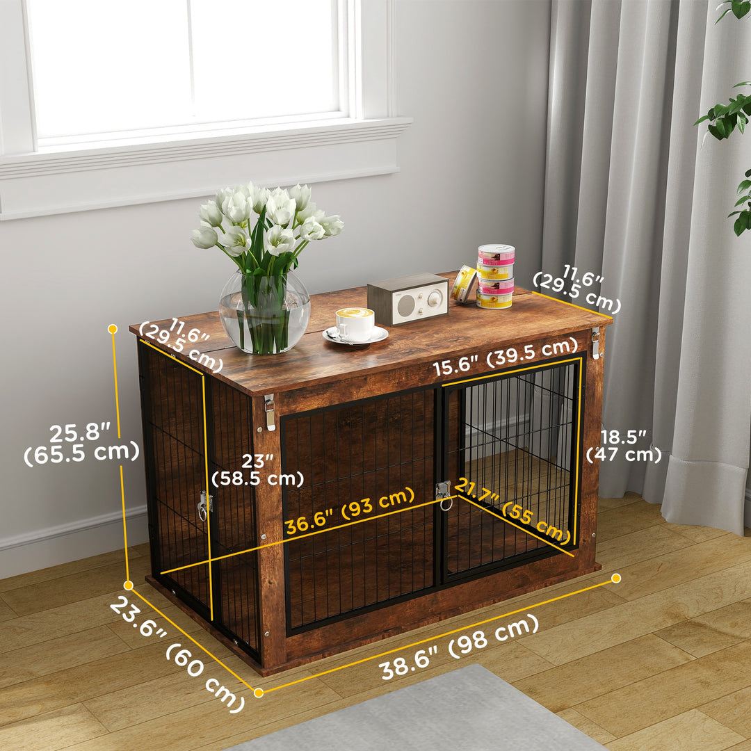 PawHut 39" Dog Crate Furniture w/ Flip-up Top Opening, 2 Doors, Dog Kennel Furniture for Large Dogs, Rustic Brown