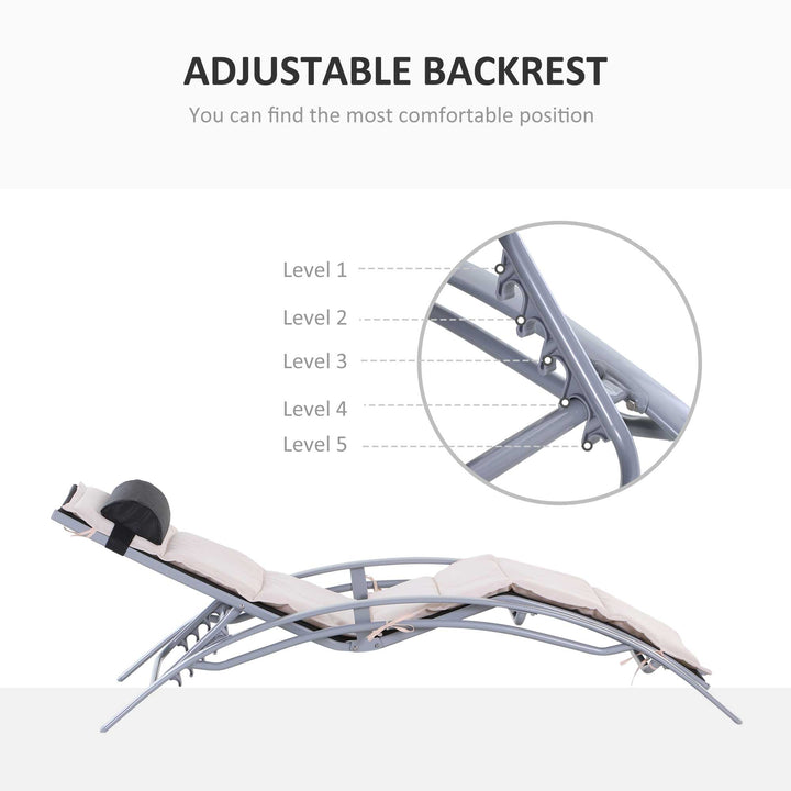 Outsunny Aluminum Patio Tanning Chair with Soft Padded Seat Cushion, Outdoor Lounge Chair with 5-Level Adjustable Backrest & Head Pillow, Beige