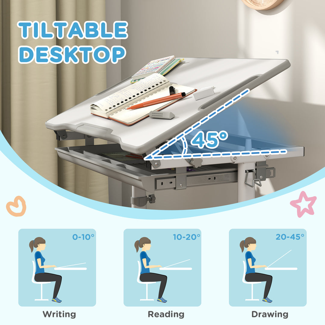 Qaba Height Adjustable Study Table and Chair Set with Drawer, Pen Slot, Tiltable Desktop, Hook, Pink