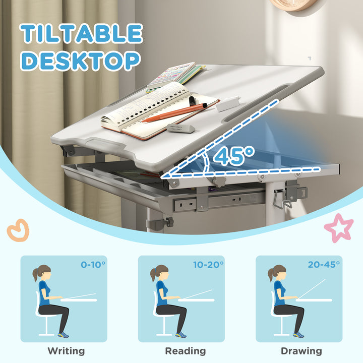 Qaba Height Adjustable Study Table and Chair Set with Drawer, Pen Slot, Tiltable Desktop, Hook, Pink