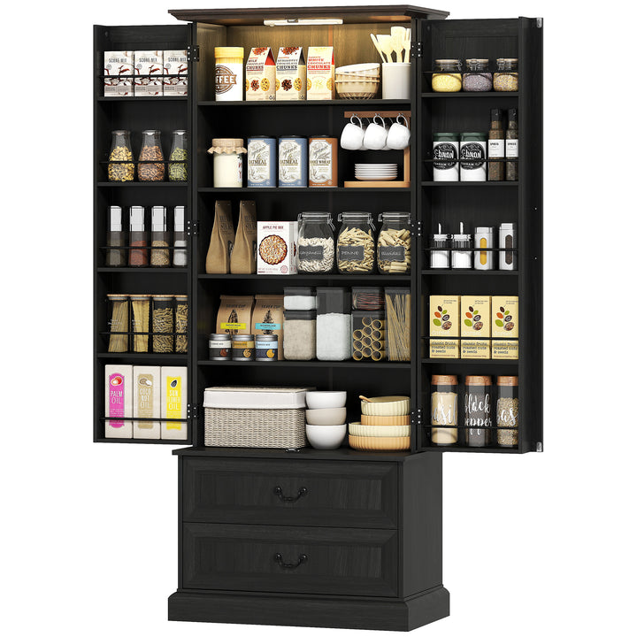 HOMCOM 72" LED Kitchen Pantry Cabinet, Buffet Storage Cabinet with 10 Door Shelves, 2 Drawers and Adjustable Shelves, White