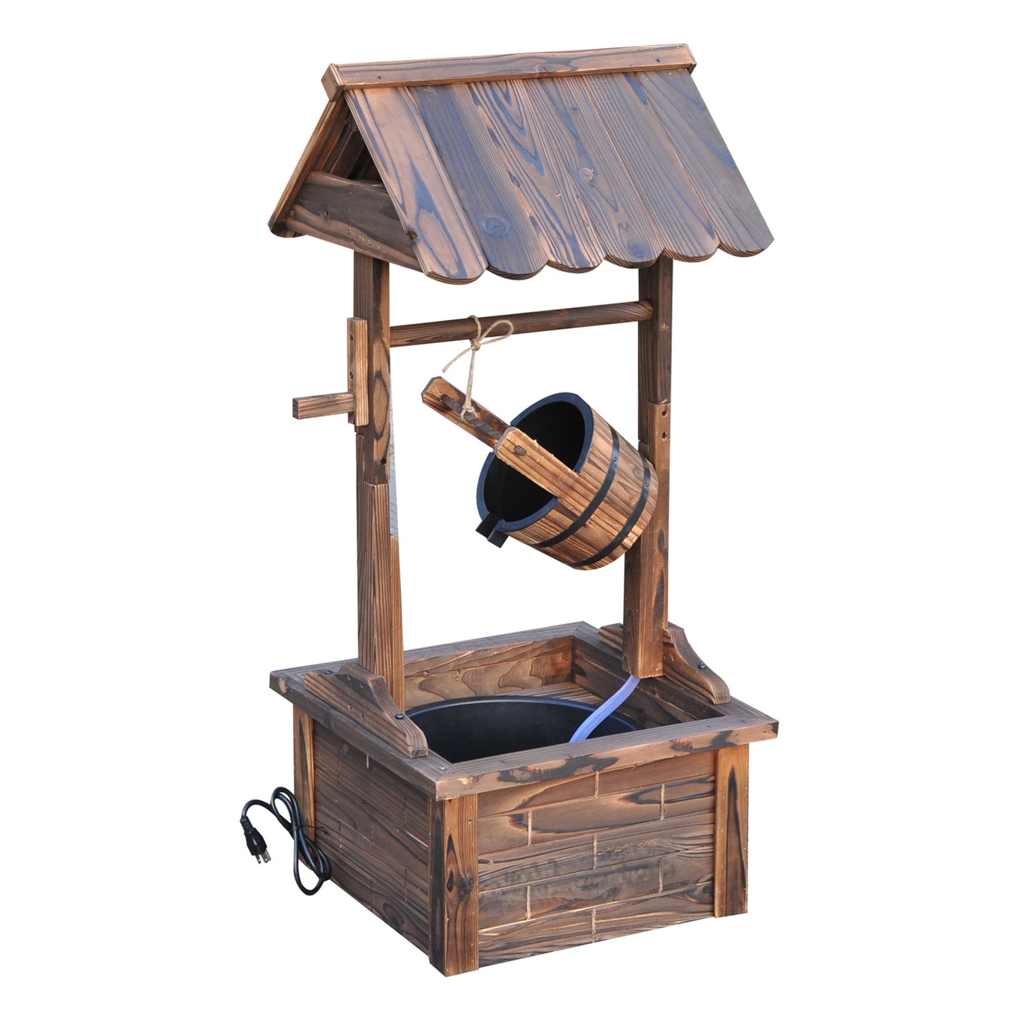 Outsunny Wooden Well Wishing Fountain Outdoor with Electric Pump Water Bucket for Patio Garden Carbonized