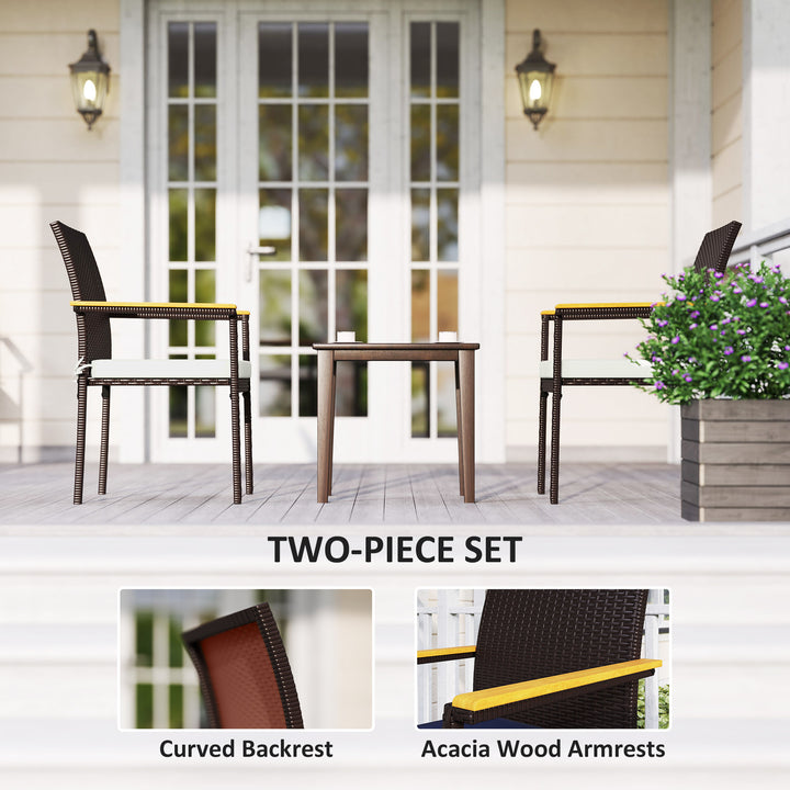 Outsunny Stackable Wicker Patio Chairs Set of 2 with Removable Cushion, Armrest for Garden, Porch, Yard, Cream White