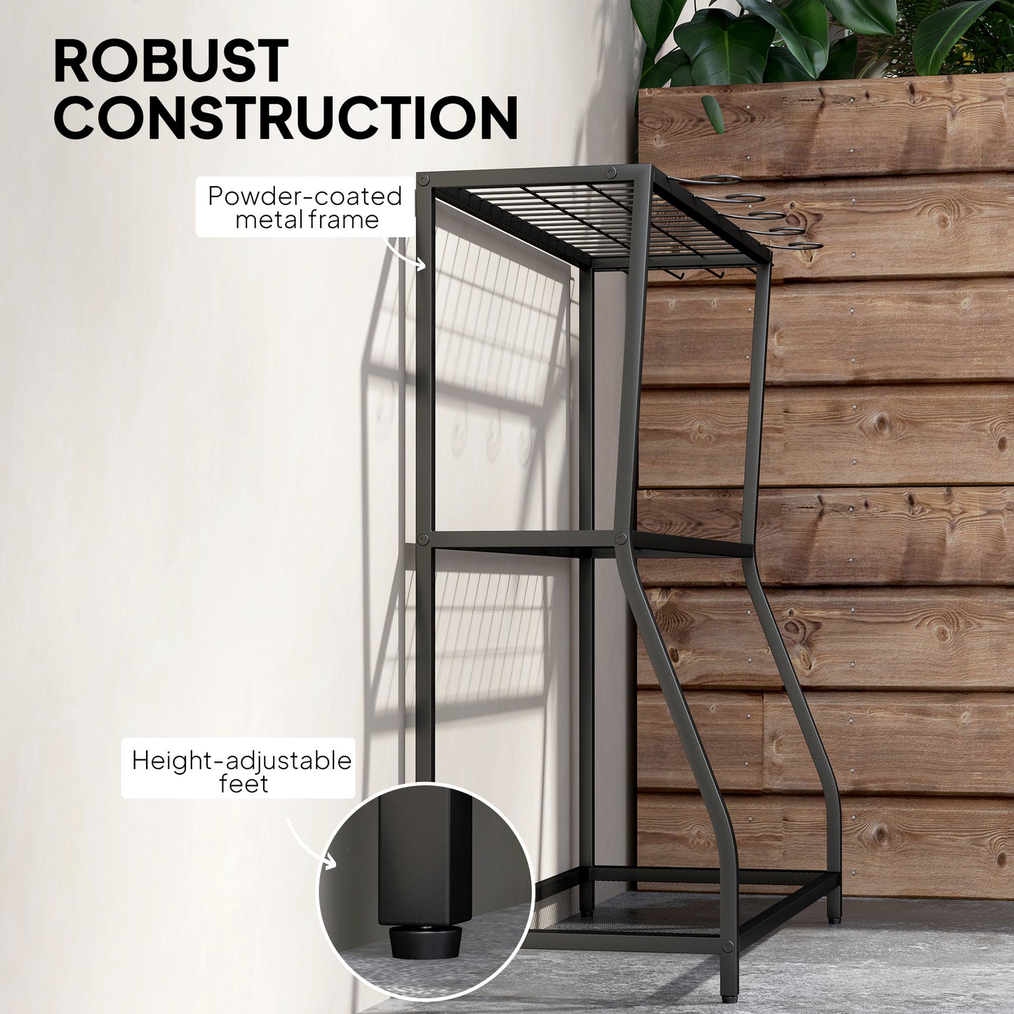 Outsunny 3-Tier Yard Tool Tower Rack, Garden Tool Organizer with Hooks for Long-Handled Rakes, Shovel, Broom, Black