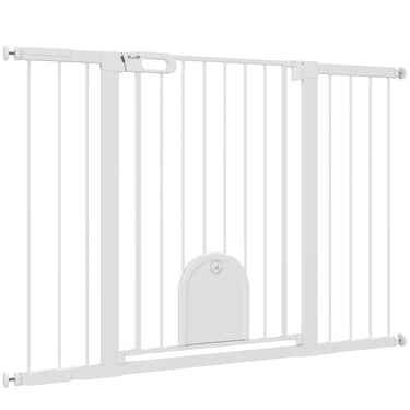 PawHut 30"-52" Extra Wide Pet Gate Barrier with Small Door, 35"H Dog Gate with Safety Gate Barrier, Stair Pressure Fit, Black