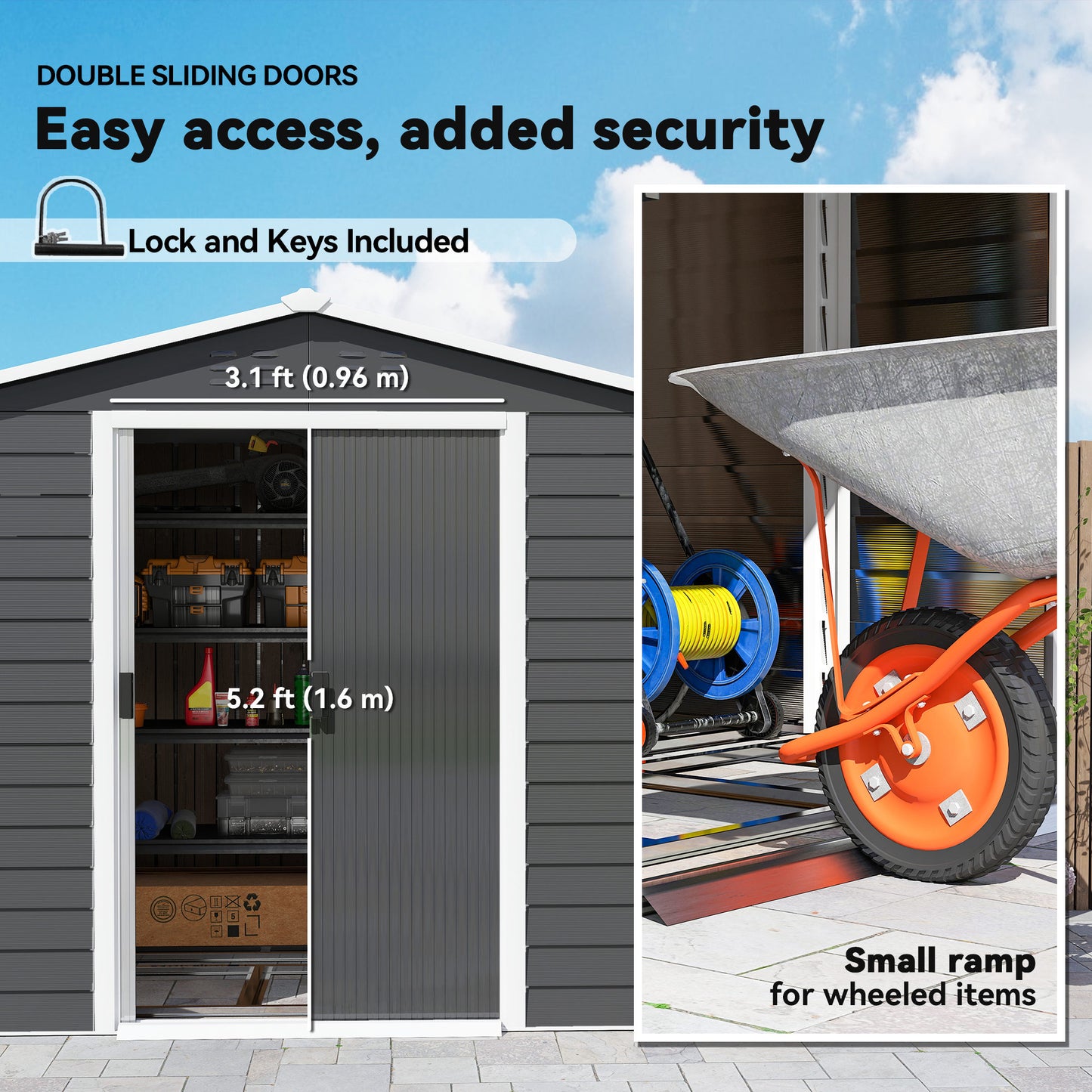 Outsunny 8' x 7' Outdoor Storage Shed, Galvanized Steel Metal Garden Shed with Lockable Doors, Floor Frame, Vents, Lock and Gloves for Backyard, Lawn, Patio, Teak