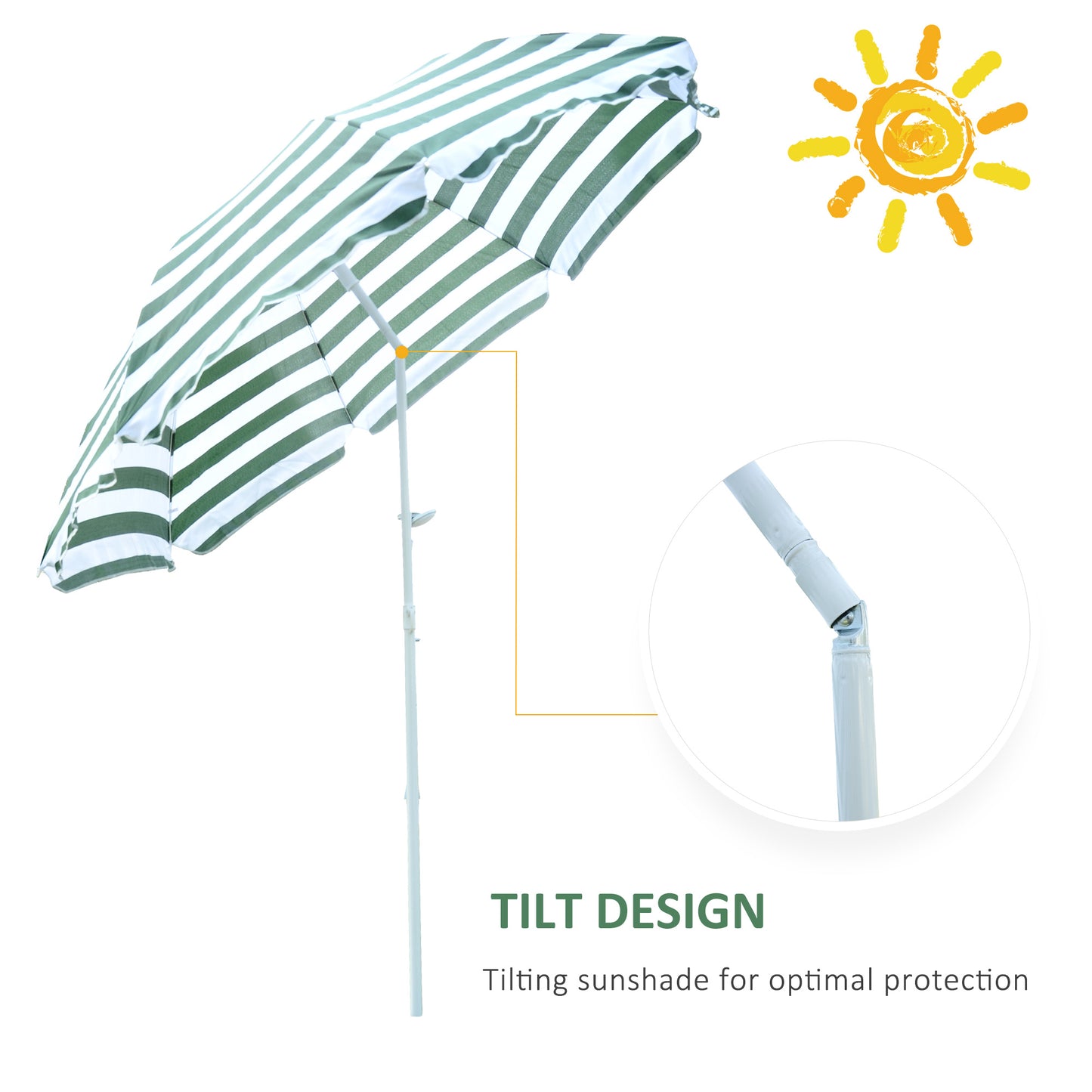 Outsunny 6FT Round Beach Umbrella with Tilt Mechanism, Outdoor UV Protection Sun Shaded Canopy with Push Button, Striped Green
