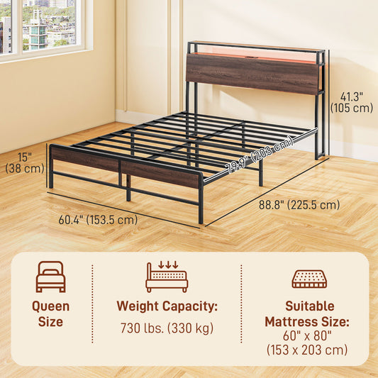 HOMCOM Queen Size Bed Frame with LED Lights and Charging Station, Queen Bed Frame with Storage Headboard, Noise-Free, Walnut