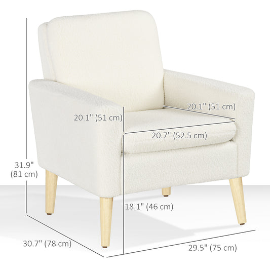 HOMCOM Fabric Accent Chair, Modern Upholstered Armchair with Wood Legs and Wide Padded Seat, Cream White