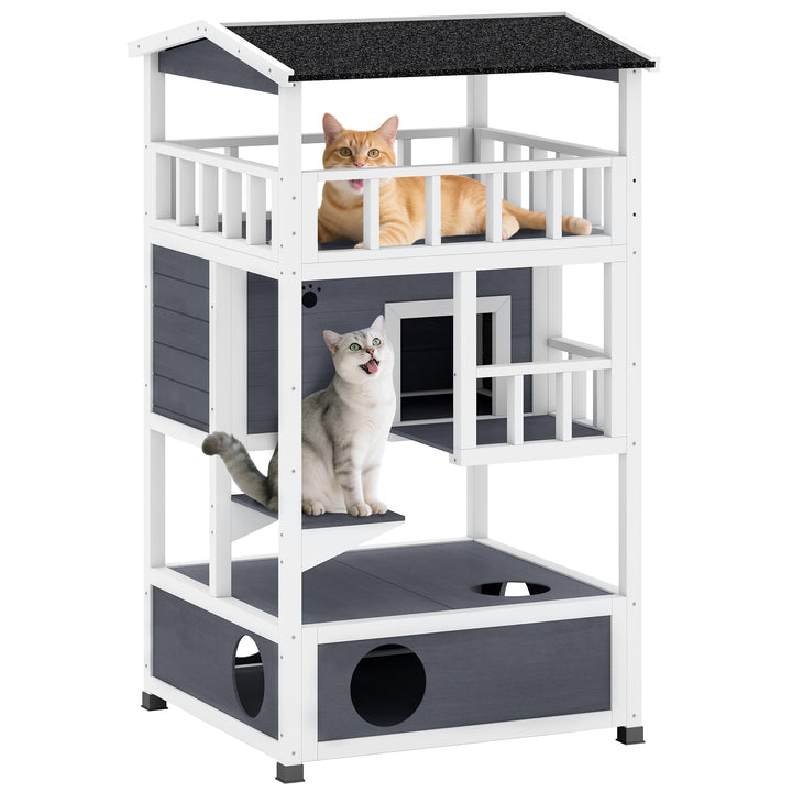 PawHut 4-Floor Wood Outdoor Cat House Catio for Cats with Condo, Fun Entrances, Perch, Grey