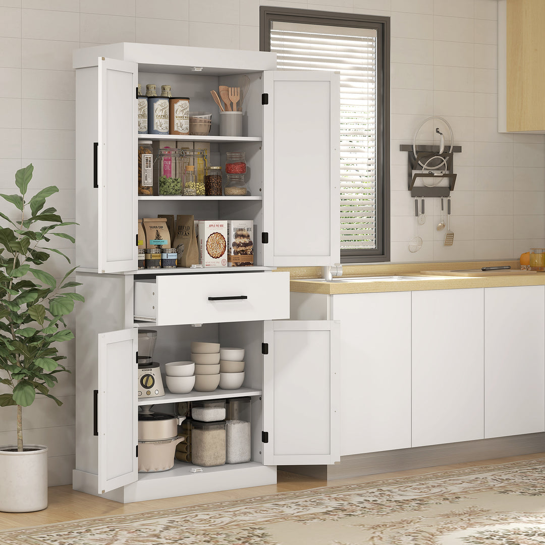HOMCOM 72" Kitchen Storage Cabinet, Farmhouse Kitchen Pantry Cabinet with 4 Barn Doors, Drawer, Adjustable Shelves, Grey