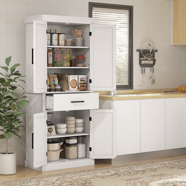HOMCOM 72" Kitchen Storage Cabinet, Farmhouse Kitchen Pantry Cabinet with 4 Barn Doors, Drawer, Adjustable Shelves, Grey