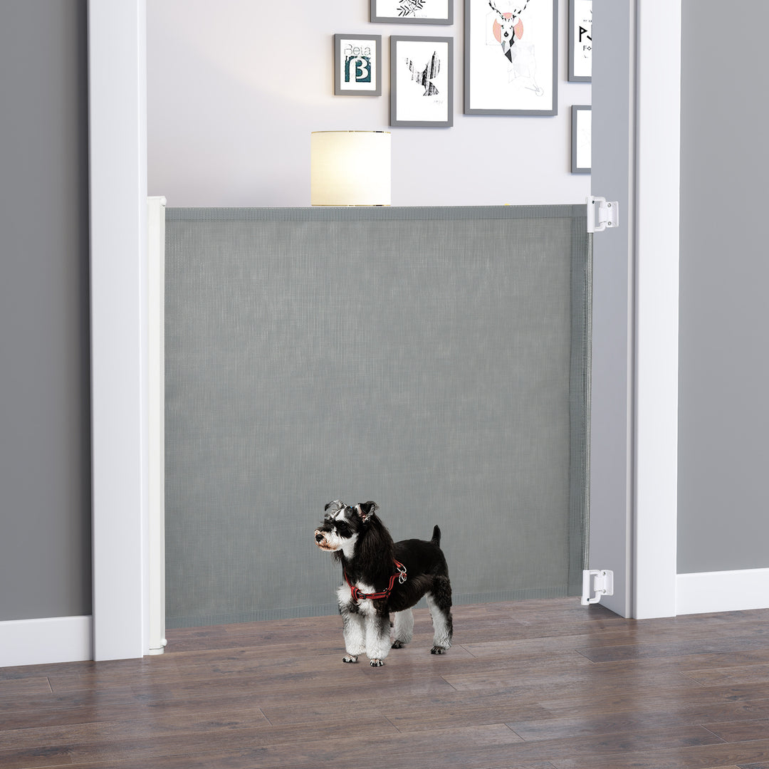 PawHut Retractable Pet Safety Barrier Gate, Flexible and Extensible for Stairways Doorways Hallways, Grey