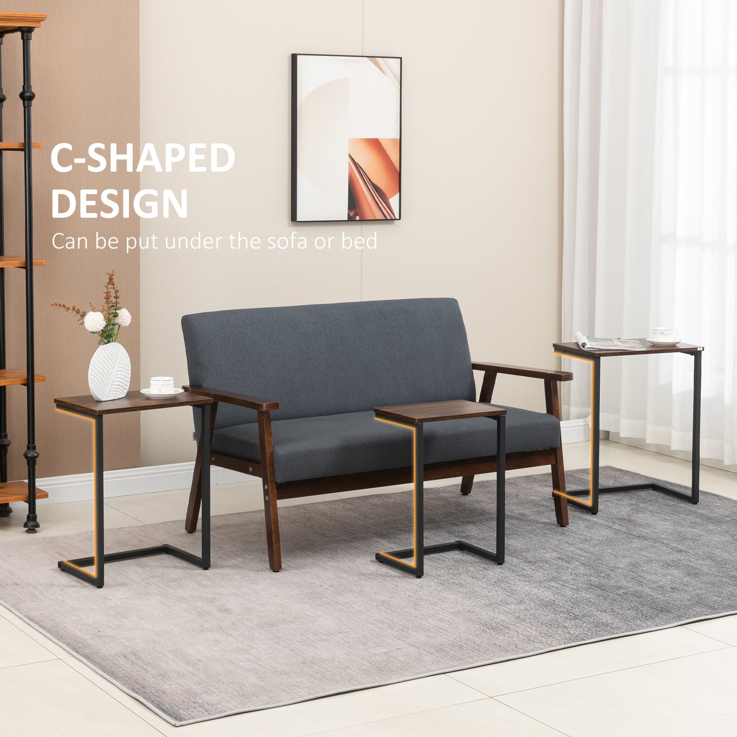 HOMCOM Nesting End Tables Set of 3, Industrial C-Shaped Snack Side Table with Steel Frame for Sofa Couch, Bed, Living Room, Rustic Brown