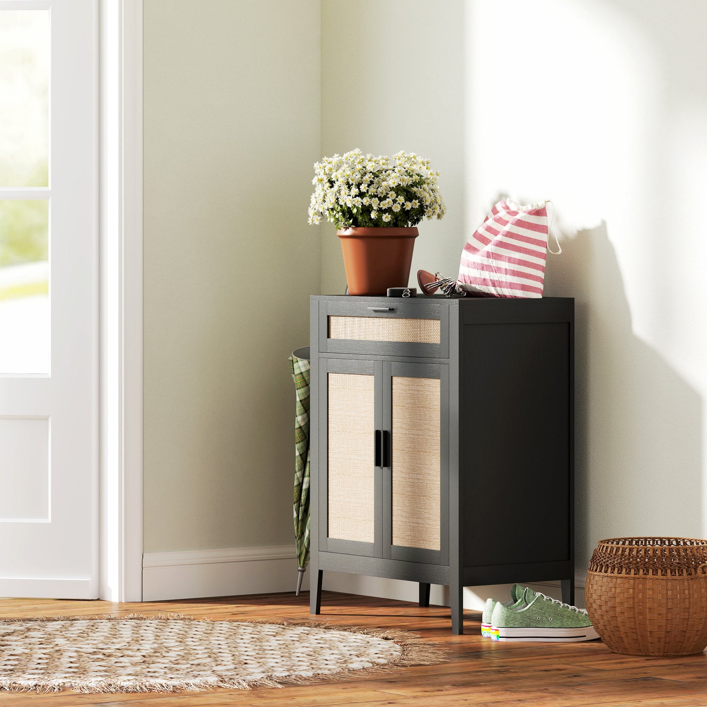 HOMCOM Kitchen Sideboard Cabinet, Boho Buffet Table with Decorative Rattan Doors and Drawers for Dining Room, Black