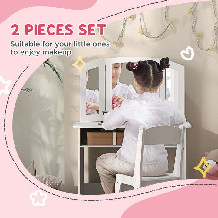 Qaba 2 in 1 Kids Vanity Set Makeup Dressing Table Pretend Play Set with Tri-Folding Mirror, Stool, Storage Shelf