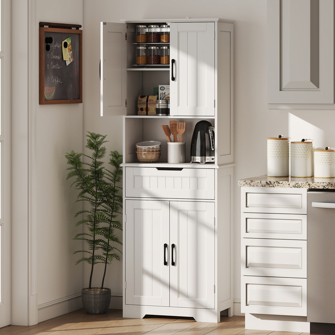 HOMCOM Kitchen Buffet with Hutch, 68" Tall Kitchen Pantry Cabinet with Small Open Counter, 4 Doors, Drawer, White