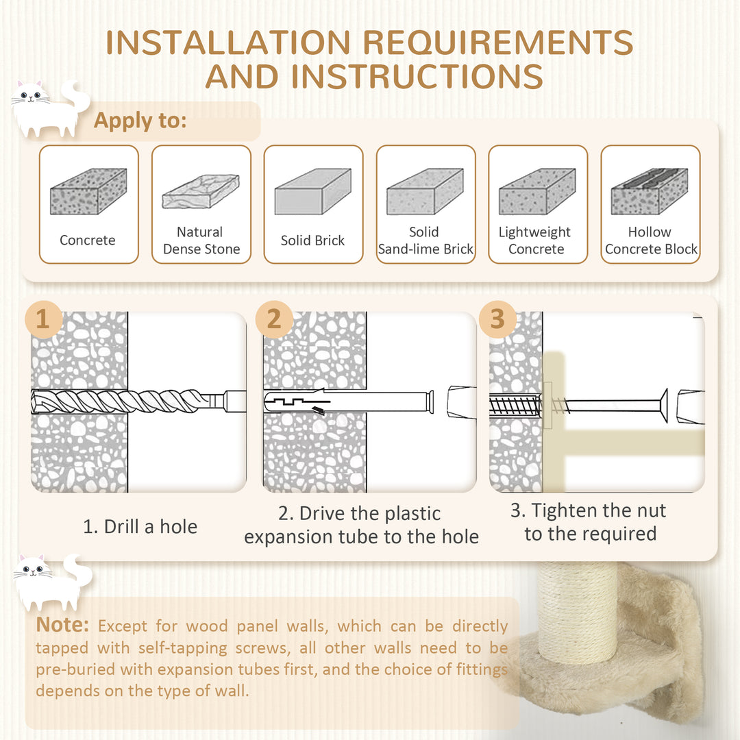 PawHut 3 PCs Cat Wall Climber with Scratching Post, Ladder, Perches, Cloud-Shaped Cat Shelves, Beige