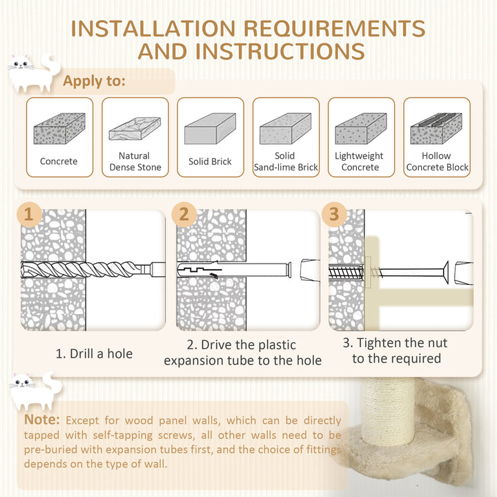 PawHut 3 PCs Cat Wall Climber with Scratching Post, Ladder, Perches, Cloud-Shaped Cat Shelves, Beige