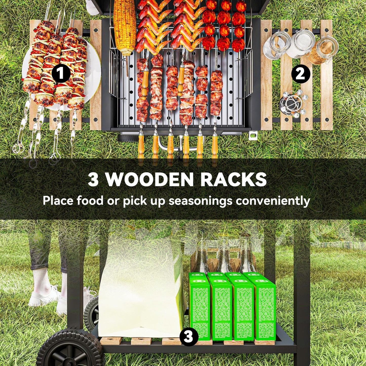 Outsunny 20" Charcoal BBQ Grill Barbecue on Wheels with Adjustable Charcoal Pan, Spacious Cooking Area, 3 Shelves, Thermometer