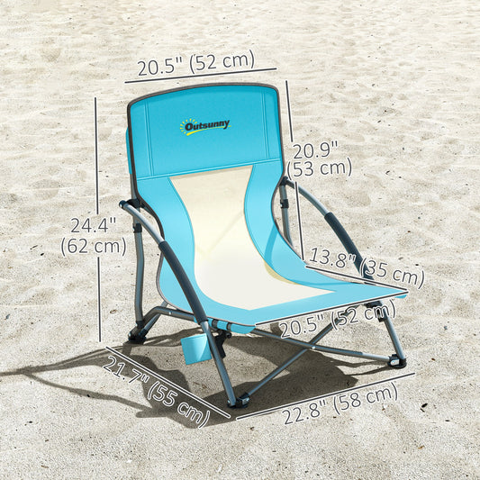 Outsunny Set of 2 Folding Beach Chairs with Mesh Back, Carry Bag and Cup Holder for Outdoor Camping Lawn, 22.8" x 21.7" x 24.4"
