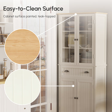 HOMCOM 72" Kitchen Pantry Cabinet, Freestanding Buffet Storage Cabinet with Glass Doors, Drawer and Adjustable Shelves, Cream White