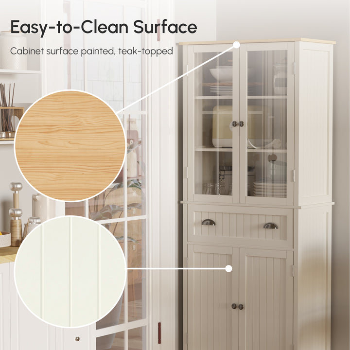 HOMCOM 72" Kitchen Pantry Cabinet, Freestanding Buffet Storage Cabinet with Glass Doors, Drawer and Adjustable Shelves, Cream White