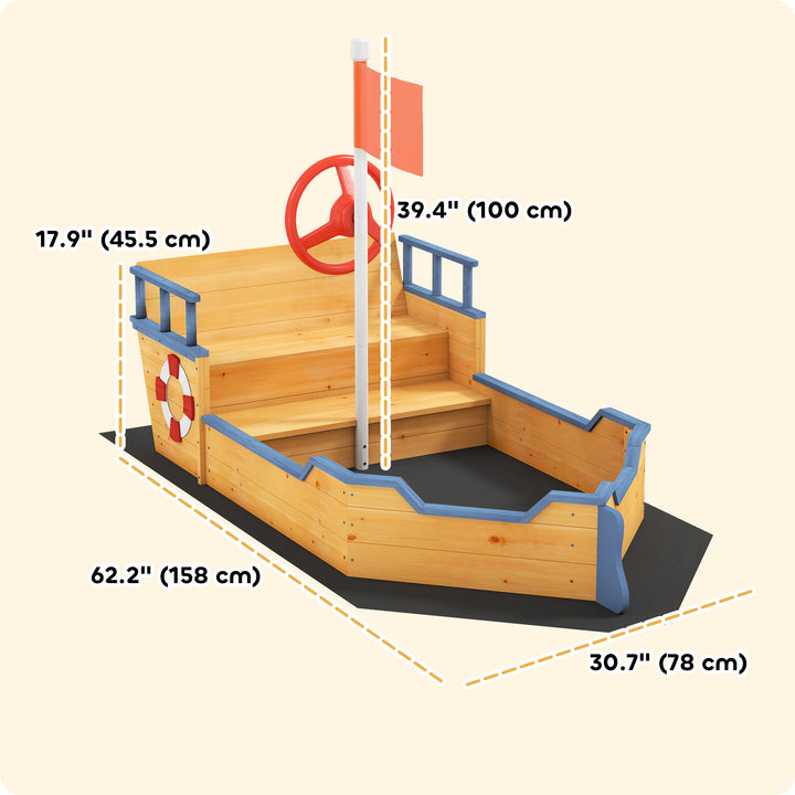 Outsunny Kids Wooden Sandbox Pirate Ship Sandboat Outdoor Backyard Playset Children Sandpit w/ Bench Seat Storage Space & Flag for 3-6 Years Old