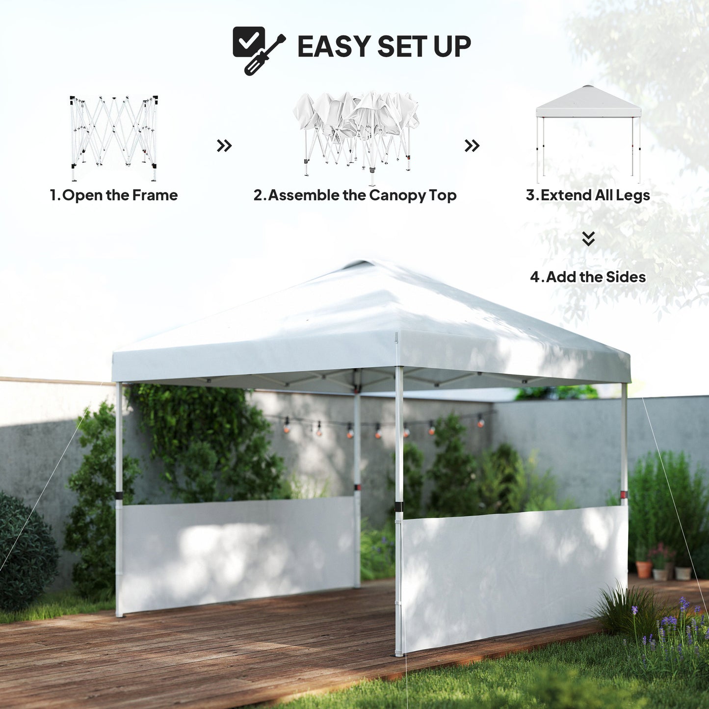 Outsunny 10' x 10' Pop Up Canopy Tent with 2 Half Sidewalls, UV50+ Height Adjustable Instant Sun Shelter, White