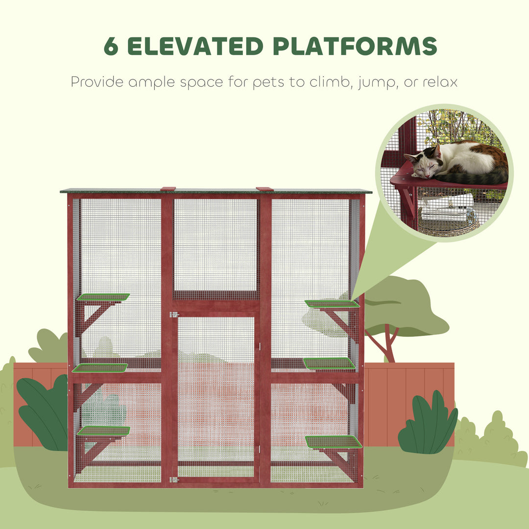 PawHut Large Outdoor Catio Enclosure, Weatherproof Cat House with Asphalt Roof,  Wooden Cat Patio Cage with 6 Balanced Platforms, 71" x 39" x 71", Grey