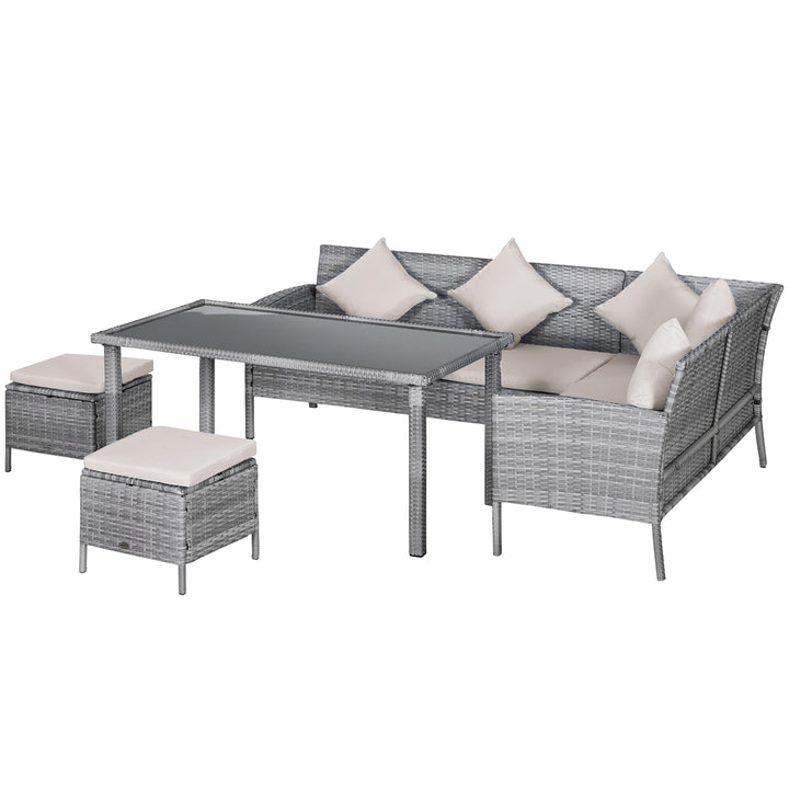 Outsunny 5 Pieces Wicker Patio Conversation Dining Furniture Set with Cushions, Table and Ottomans, Bright Blue