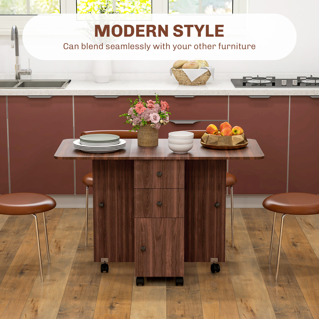 HOMCOM Foldable Dining Table, Rolling Kitchen Table with Storage Drawers and Cabinet, Drop Leaf Table on Wheels, White