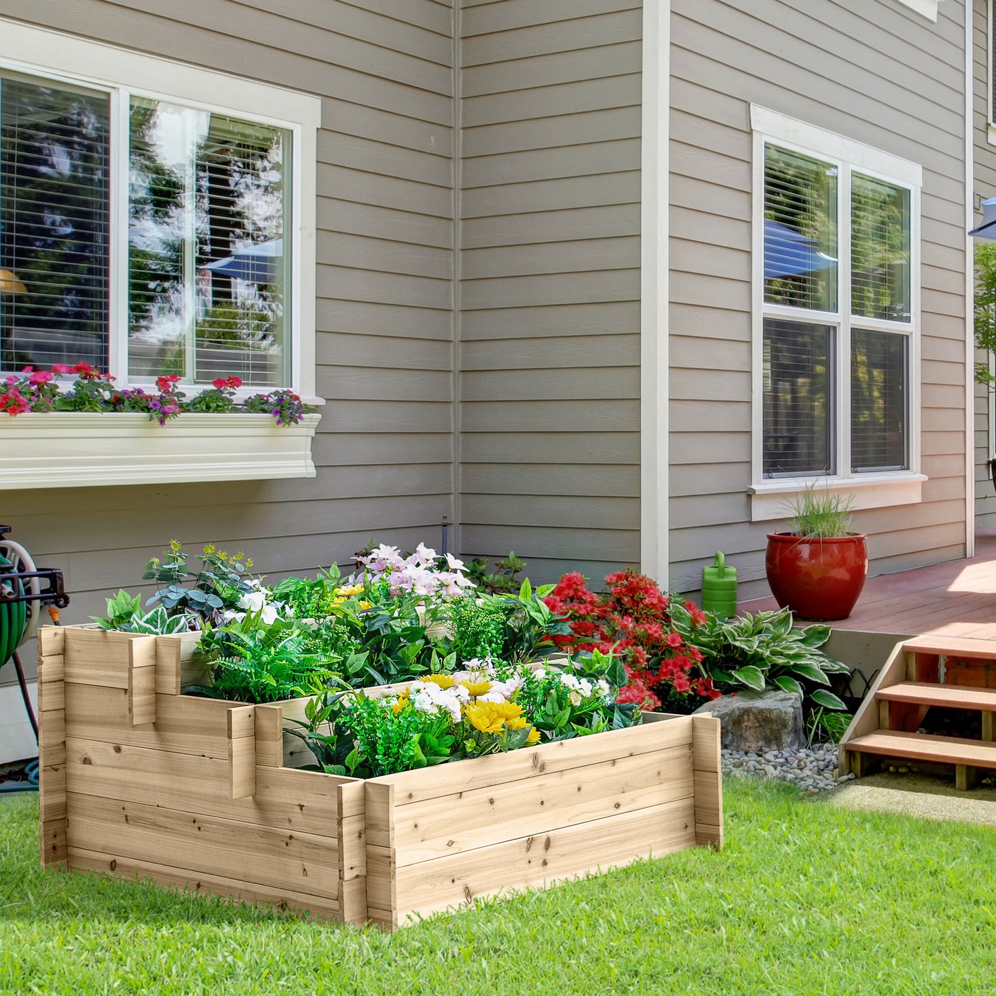 Outsunny 3-Tier Wood Raised Garden Bed, Elevated Planting Box, Outdoor Vegetable Flower Container, Herb Garden Indoor Kit, Natural