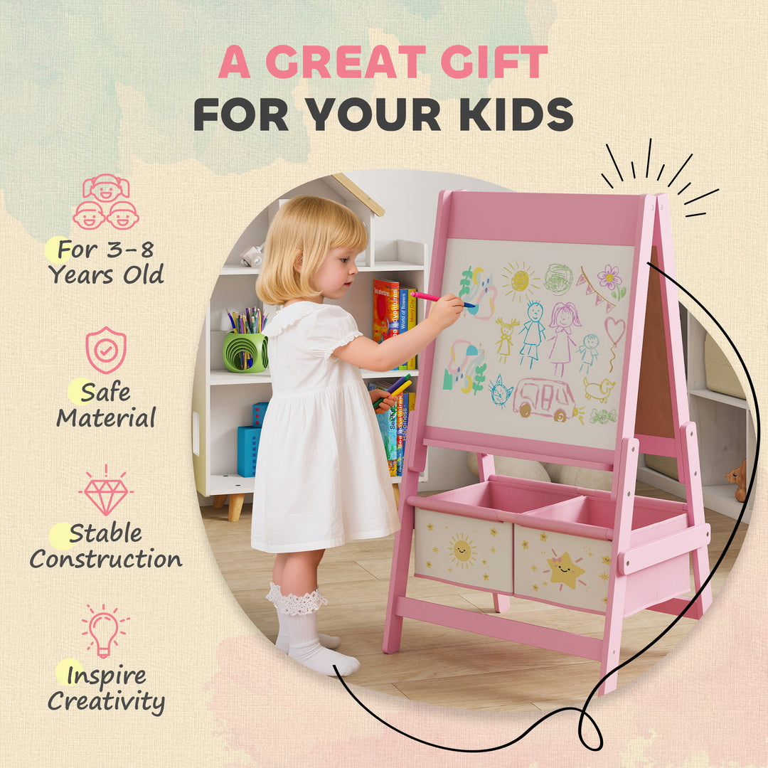 Qaba Art Easel for Kids, Double-Sided Whiteboard & Chalkboard with Paper Roll, 2 Storage Boxes, Gift for Boys, Girls, Pink