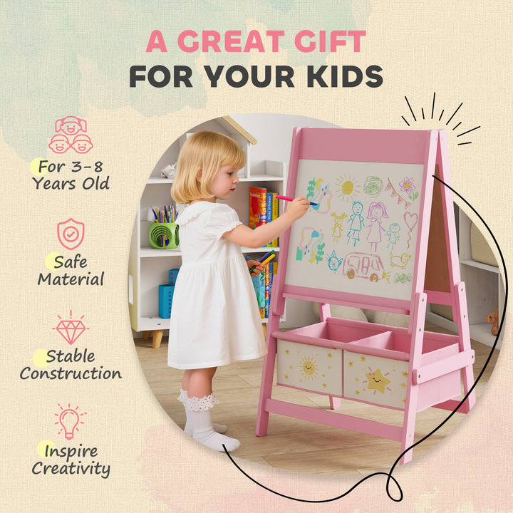 Qaba Art Easel for Kids, Double-Sided Whiteboard & Chalkboard with Paper Roll, 2 Storage Boxes, Gift for Boys, Girls, Pink