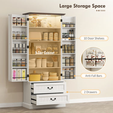 HOMCOM 72" LED Kitchen Pantry Cabinet, Buffet Storage Cabinet with 10 Door Shelves, 2 Drawers and Adjustable Shelves, White