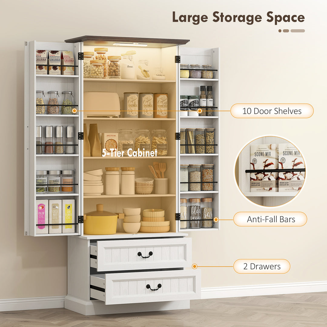 HOMCOM 72" LED Kitchen Pantry Cabinet, Buffet Storage Cabinet with 10 Door Shelves, 2 Drawers and Adjustable Shelves, White