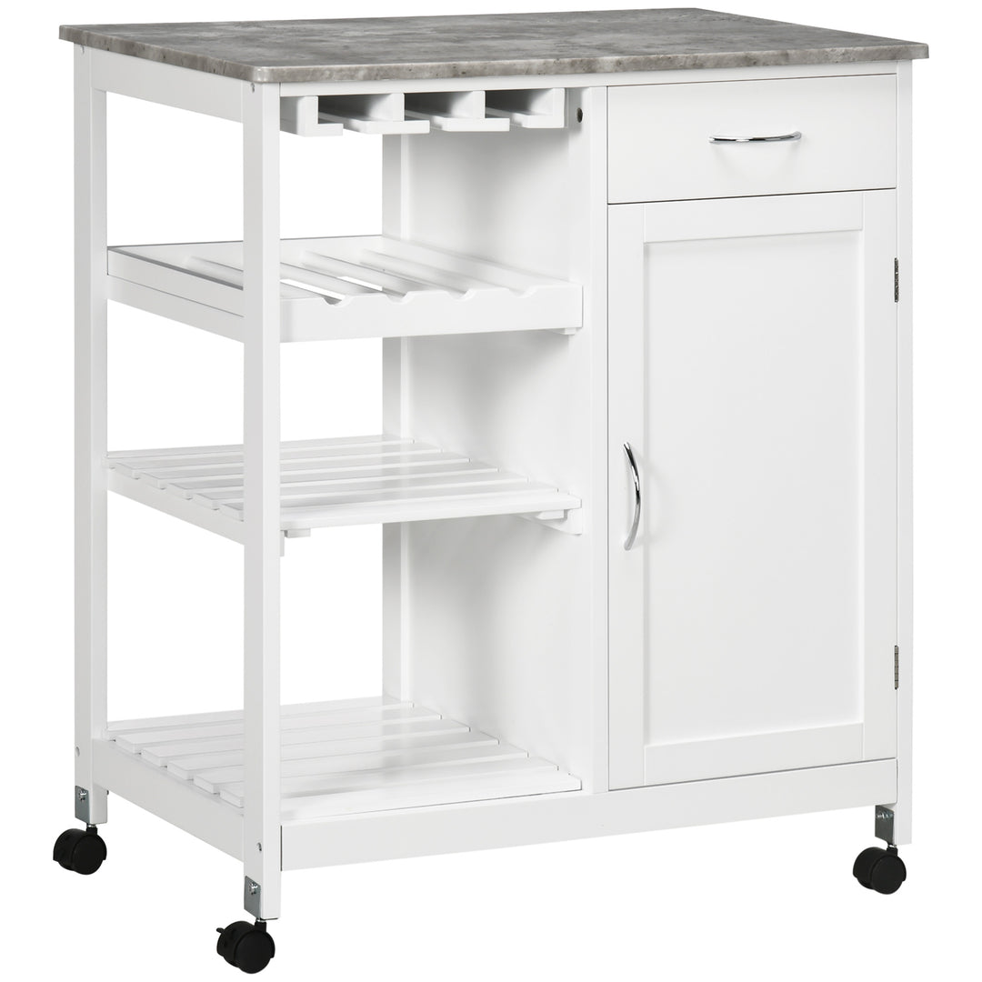 HOMCOM Rolling Kitchen Cart, Bar Cart on Wheels with Wine Rack, Drawer, Open Shelves, Cabinet and Faux Marble Top, Kitchen Island with Storage, White