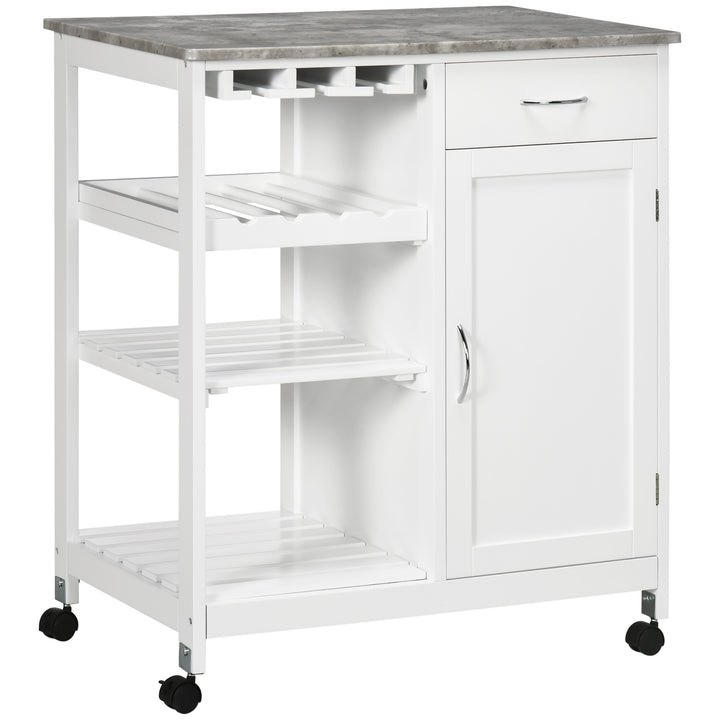 HOMCOM Rolling Kitchen Cart, Bar Cart on Wheels with Wine Rack, Drawer, Open Shelves, Cabinet and Faux Marble Top, Kitchen Island with Storage, White