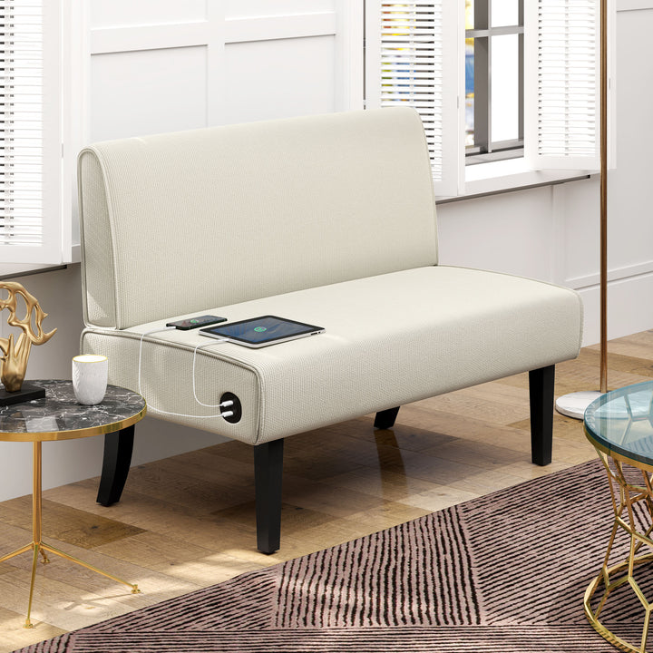 HOMCOM 46.5" Loveseat Couch with USB Ports, Corduroy Love Seat Sofa with Wood Legs for Living Room, Bedroom, Small Space, Grey