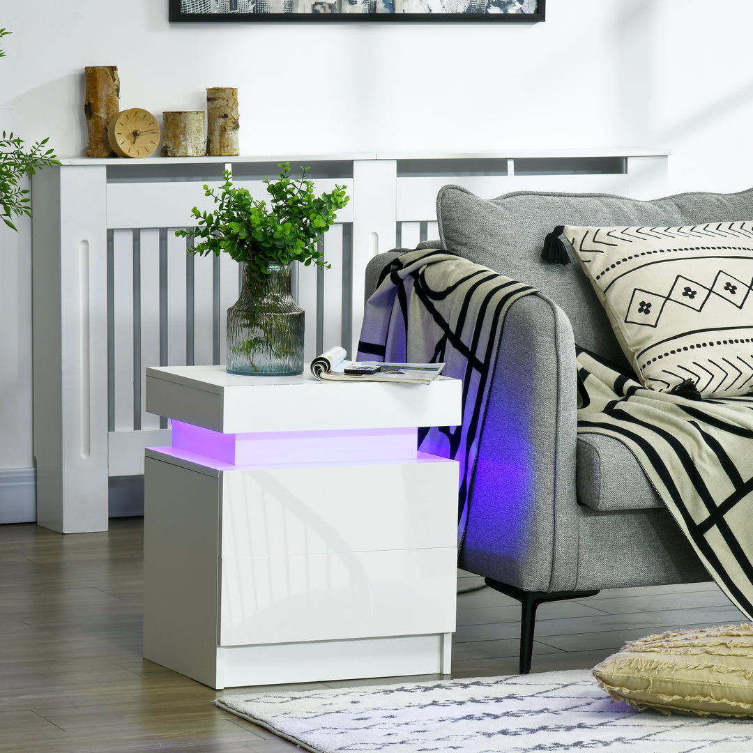 HOMCOM Nightstand, Bedside Table with LED Lights and 2 Drawers for Bedroom, Living Room, White