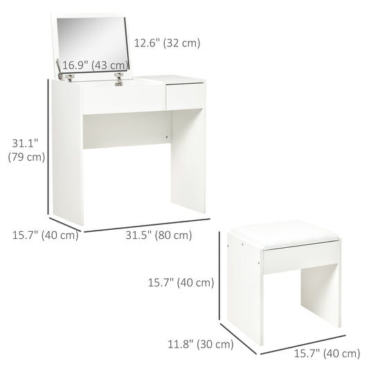 HOMCOM Modern Vanity Set with Flip Top Mirror and Cushioned Stool, Dressing Table with Storage Drawer for Bedroom, White