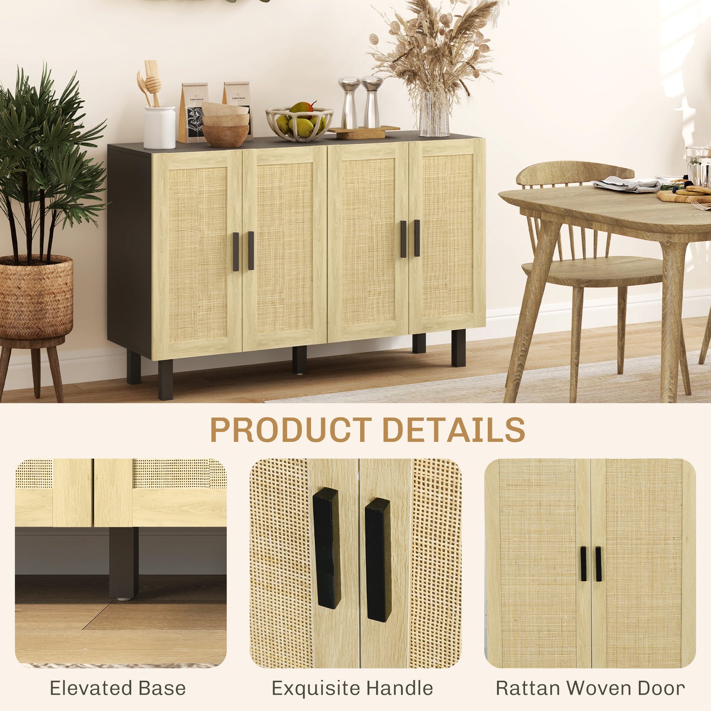HOMCOM Boho Sideboard Buffet Cabinet, Storage Cabinet with 4 Rattan Doors and Adjustable Shelves, Black