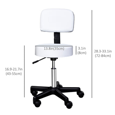 HOMCOM Adjustable Rolling Stool with Back, PU Leather Round Swivel Drafting Stool with Wheels for Kitchen, Salon Spa, Bar, Home Office, Massage, White