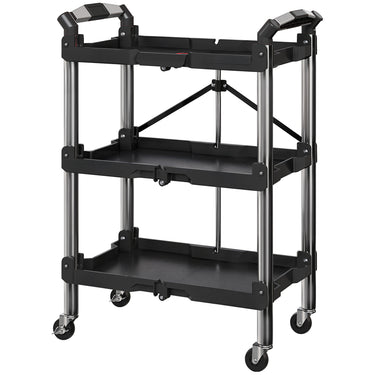 HOMCOM 3-Tier Collapsible Tool Cart with Wheels, 150 LBS Capacity Folding Utility Cart with Handles for Garage Workshop, Black
