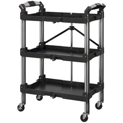 HOMCOM 3-Tier Collapsible Tool Cart with Wheels, 150 LBS Capacity Folding Utility Cart with Handles for Garage Workshop, Black
